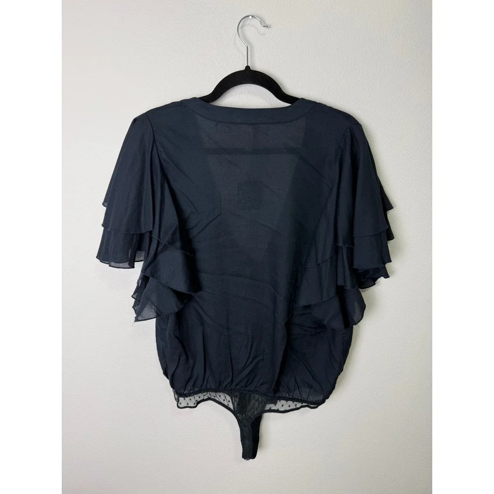 Free People Intimately Black Ruffle Sleeve Tie Front Mesh Bodysuit OB959390 L - Picture 8 of 9